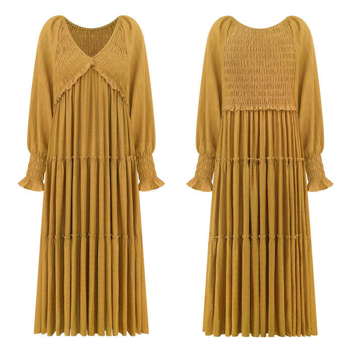 R.Vivimos Maxi Dress for Women Long Sleeve V Neck Empire Waist Layered Ruffle Boho Casual Flowy Long Dresses
