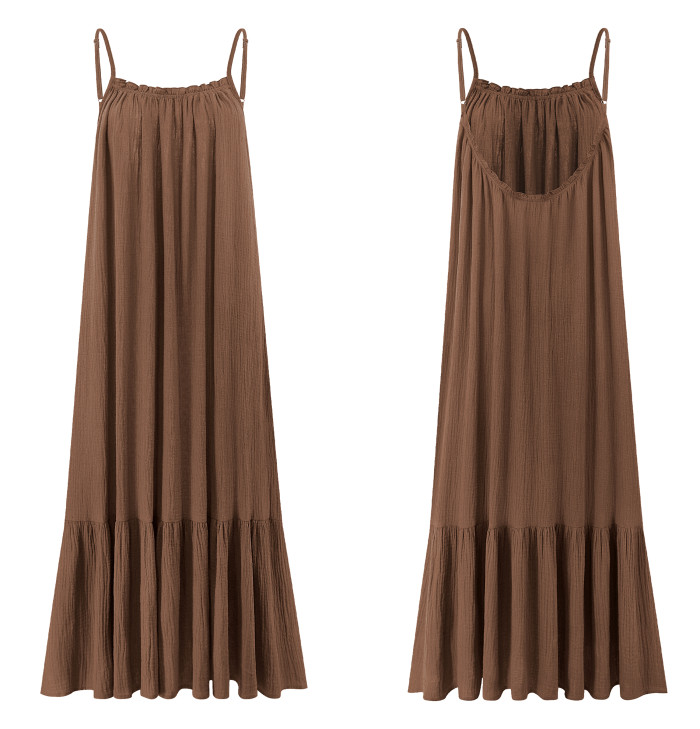 R.Vivimos Women's Summer Cotton Maxi Dress Adjustable Spaghetti Strap Boho Casual Backless Ruffle Loose Fit Flowy Dress