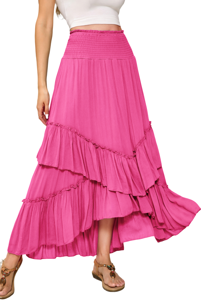 R.Vivimos Long Skirts for Women Summer Boho Smocked Strapless Dress Elastic High Waisted Layered Ruffle Hem Beach Midi Skirt