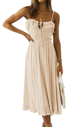 R.Vivimos Womens Summer Cotton Spaghetti Straps V-Neck Ruffle Casual Boho Midi Flowy Dress