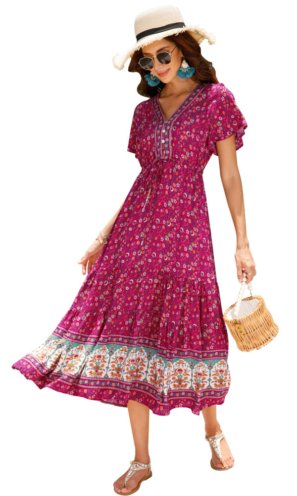 R.Vivimos Womens Summer Floral Print Cotton Short Sleeve Flowy Dress