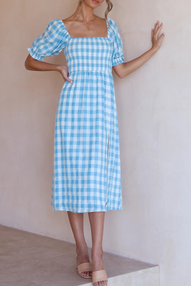 R.Vivimos Summer Dress for Women Cotton Plaid Puff Sleeves Causal Off-Shoulder Boho Side Slit Midi Dress
