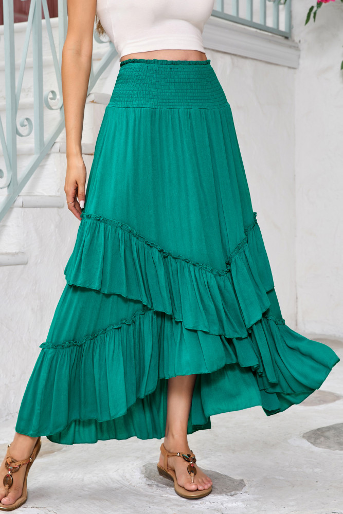R.Vivimos Long Skirts for Women Summer Boho Smocked Strapless Dress Elastic High Waisted Layered Ruffle Hem Beach Midi Skirt