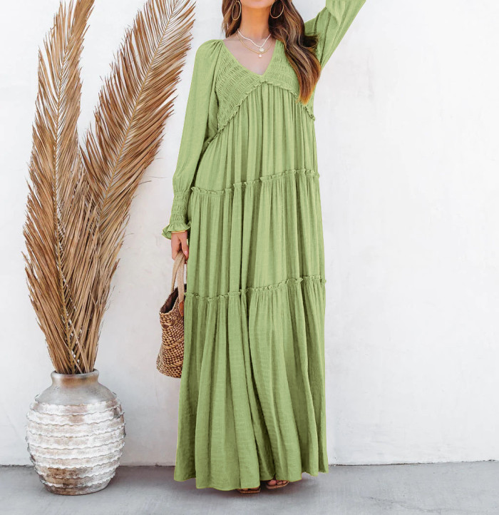 R.Vivimos Maxi Dress for Women Long Sleeve V Neck Empire Waist Layered Ruffle Boho Casual Flowy Long Dresses