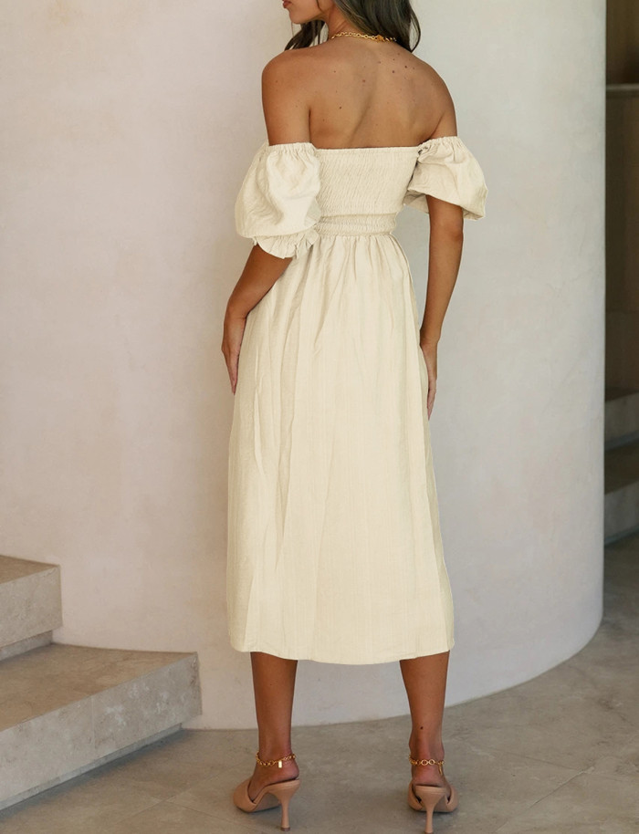 R.Vivimos Summer Dress for Women Cotton Plaid Puff Sleeves Causal Off-Shoulder Boho Side Slit Midi Dress