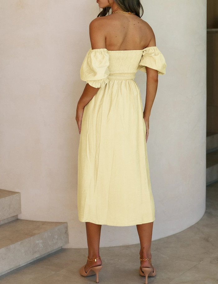 R.Vivimos Summer Dress for Women Cotton Plaid Puff Sleeves Causal Off-Shoulder Boho Side Slit Midi Dress