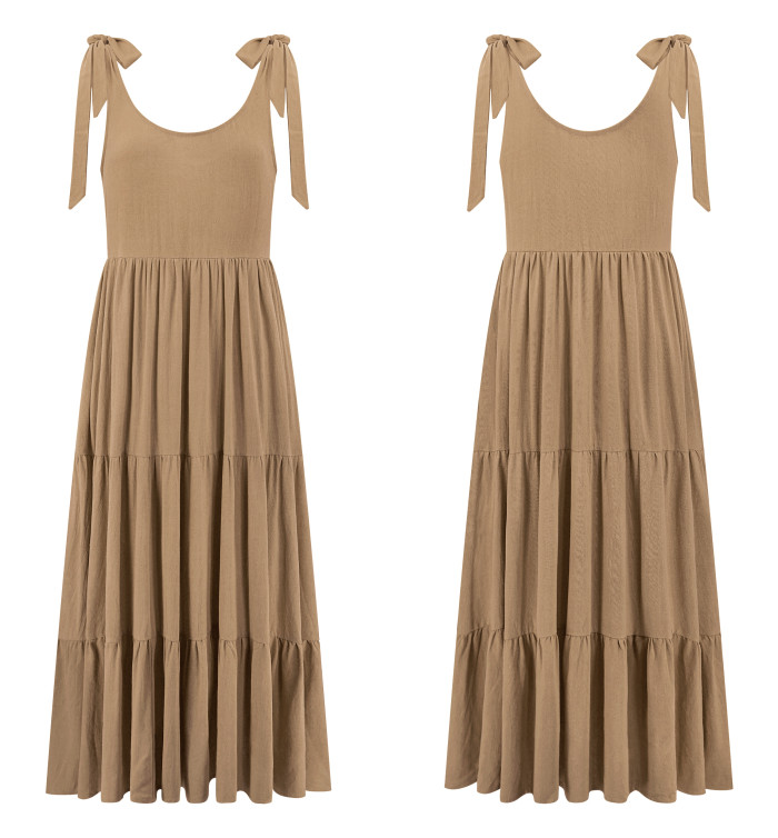 R.Vivimos Women's Summer Casual Beach Midi Dress Cotton Linen Sleeveless Adjustable Straps Tiered Flowy Dresses with Pockets