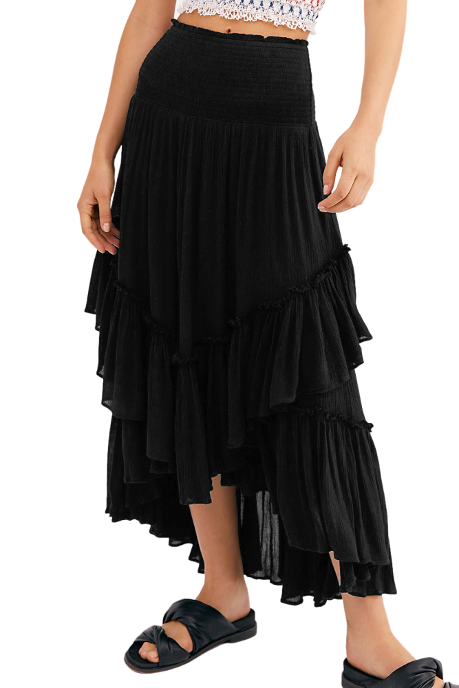 R.Vivimos Long Skirts for Women Summer Boho Smocked Strapless Dress Elastic High Waisted Layered Ruffle Hem Beach Midi Skirt