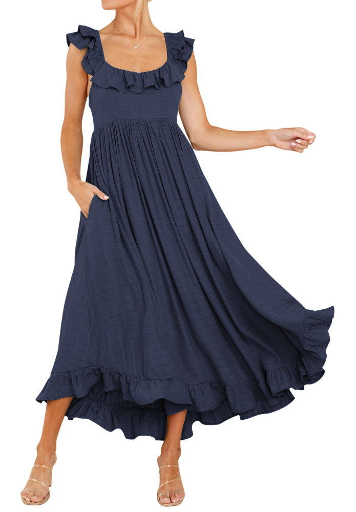 R.Vivimos Summer Dress for Women Sleeveless Boho Ruffle Square Neck Tie Back Casual Backless Flowy Midi Dress