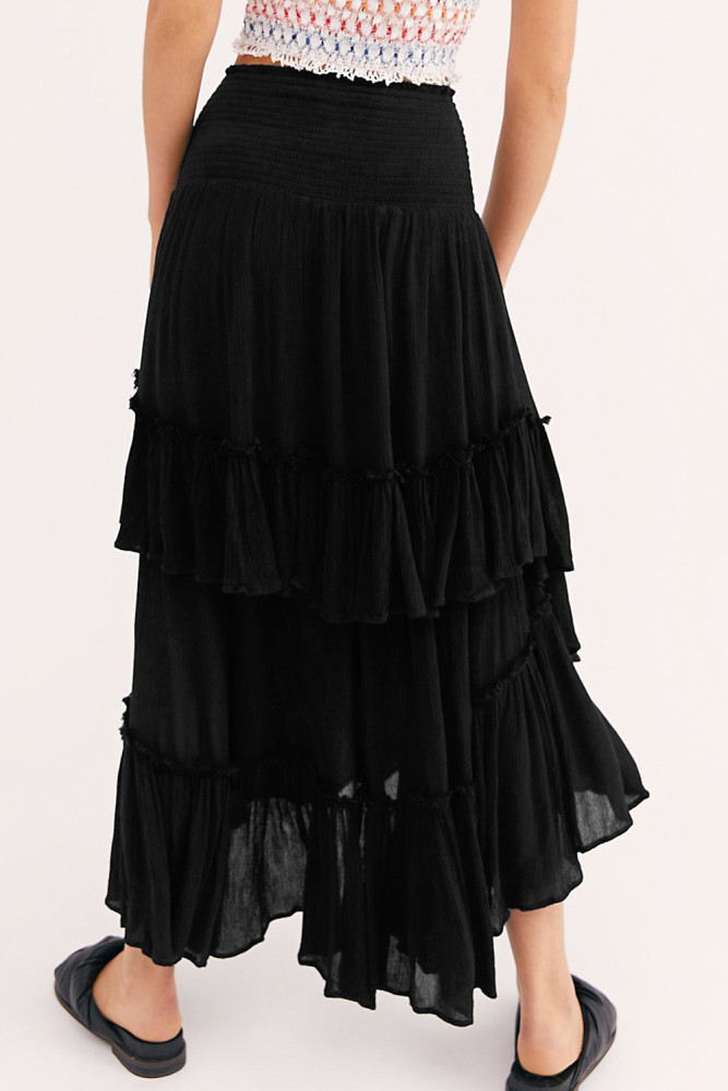 R.Vivimos Long Skirts for Women Summer Boho Smocked Strapless Dress Elastic High Waisted Layered Ruffle Hem Beach Midi Skirt