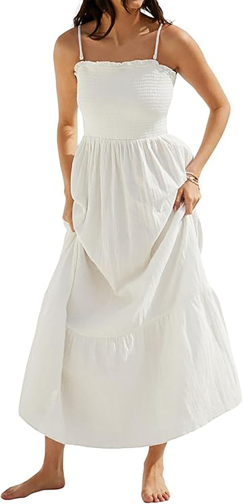 R.Vivimos Womens Summer Boho Cotton Maxi Dress Adjustable Spaghetti Strap Elastic Smocked Casual Ruffle Hem Flowy Beach Dress