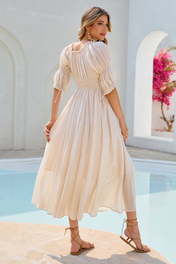 R.Vivimos Women's Summer Square Neck Midi Dress 2025 Casual Puff Half Sleeve Elastic Empire Waist Boho Flowy Long Dresses