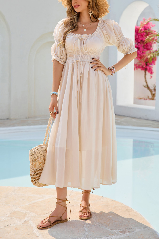R.Vivimos Women's Summer Square Neck Midi Dress 2025 Casual Puff Half Sleeve Elastic Empire Waist Boho Flowy Long Dresses