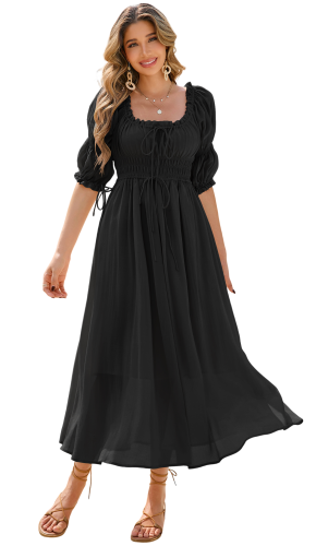 R.Vivimos Women's Summer Square Neck Midi Dress 2025 Casual Puff Half Sleeve Elastic Empire Waist Boho Flowy Long Dresses