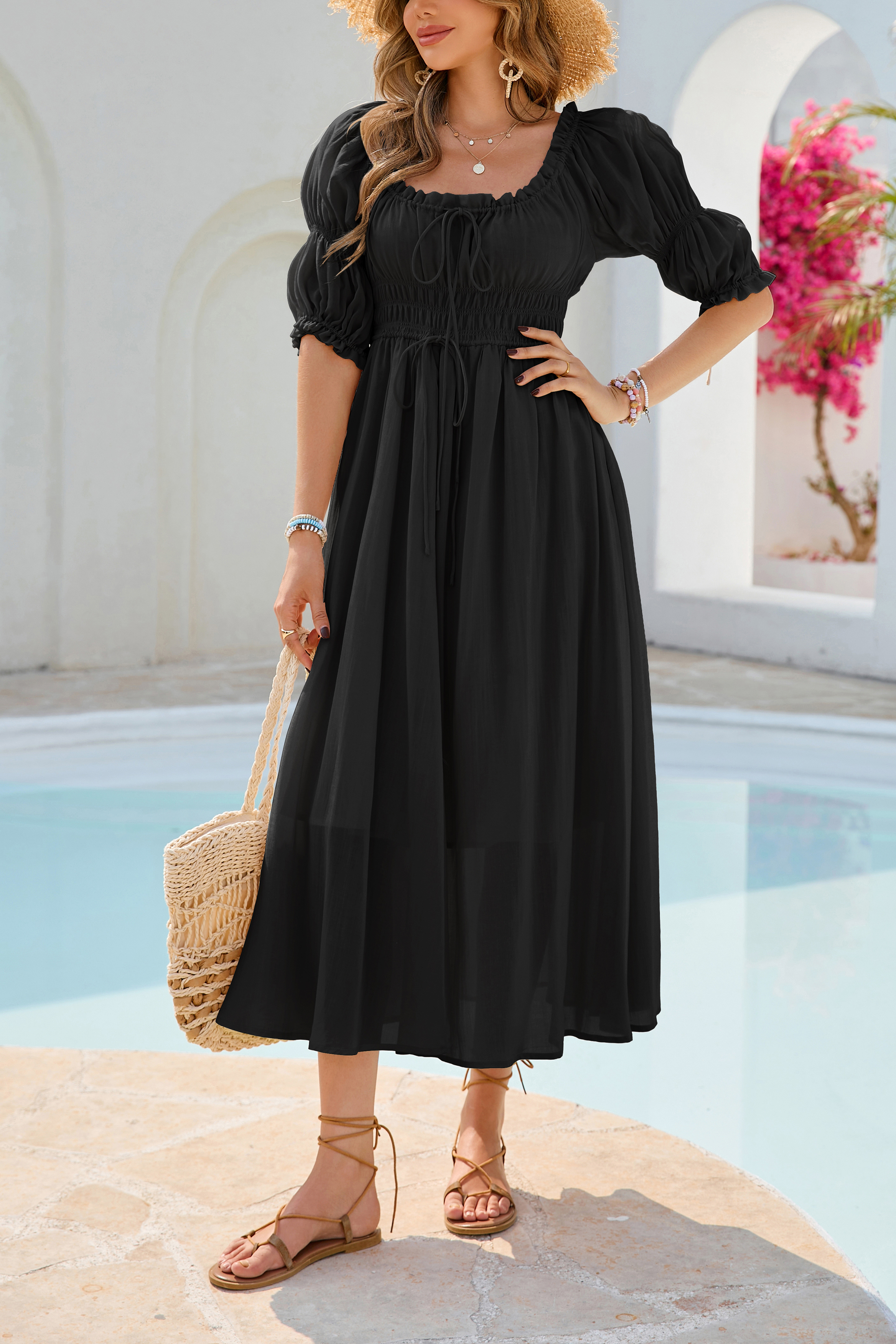 R.Vivimos Women's Summer Square Neck Midi Dress 2025 Casual Puff Half Sleeve Elastic Empire Waist Boho Flowy Long Dresses