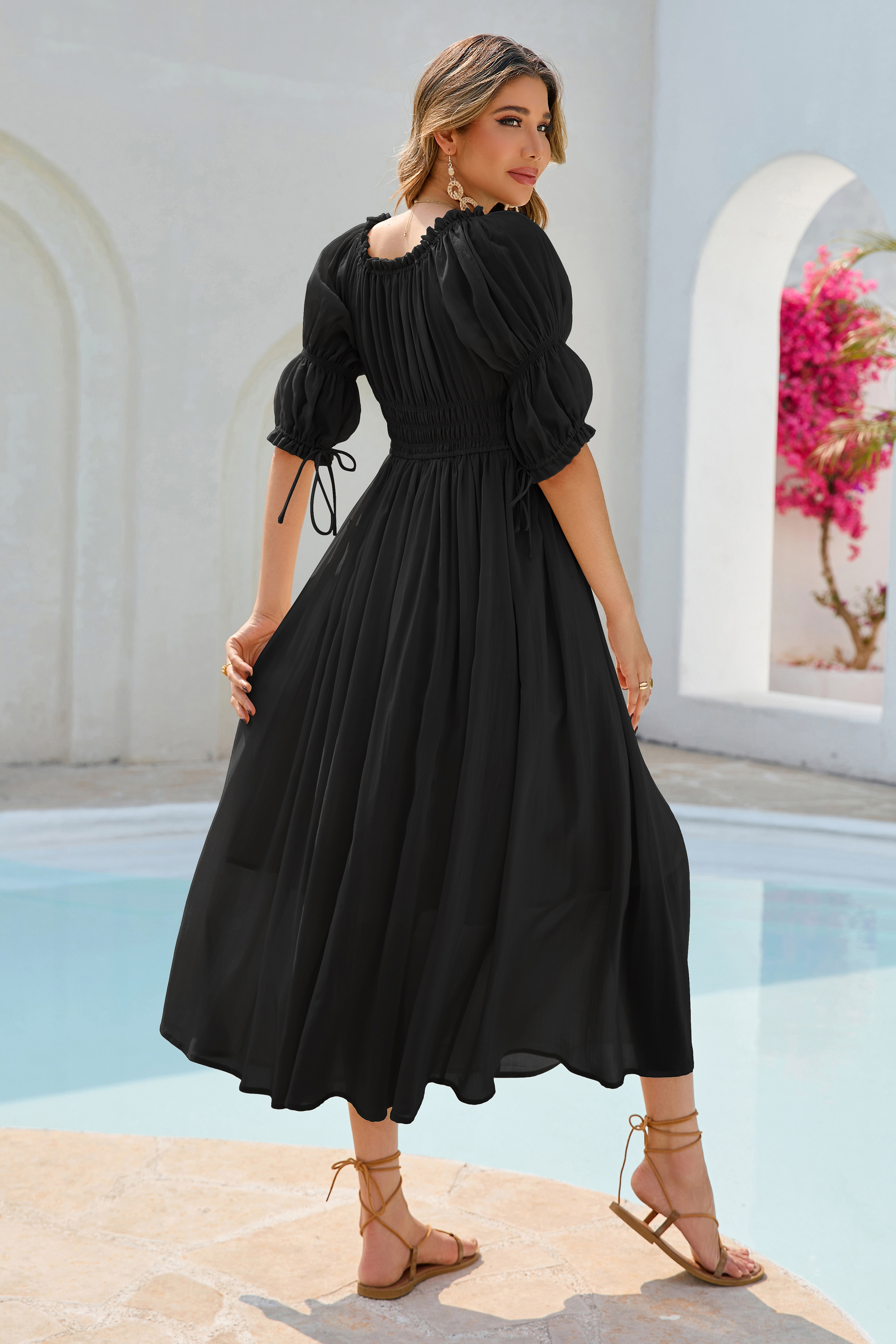 R.Vivimos Women's Summer Square Neck Midi Dress 2025 Casual Puff Half Sleeve Elastic Empire Waist Boho Flowy Long Dresses4