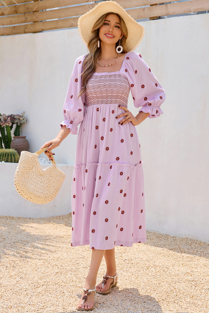 R.Vivimos Women's Long Sleeve Cotton Boho Midi Dress Vintage Square Neck Floral Embroidered Tiered Ruffle Flowy Pockets Dress