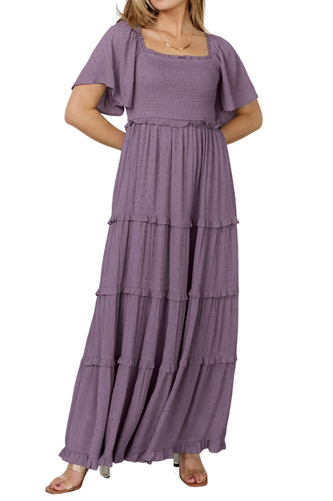 R.Vivimos Womens Summer 2025 Maxi Dress Short Sleeve Square Neck Elastic Smocked Swiss Dots Casual A-Line Flowy Long Dresses