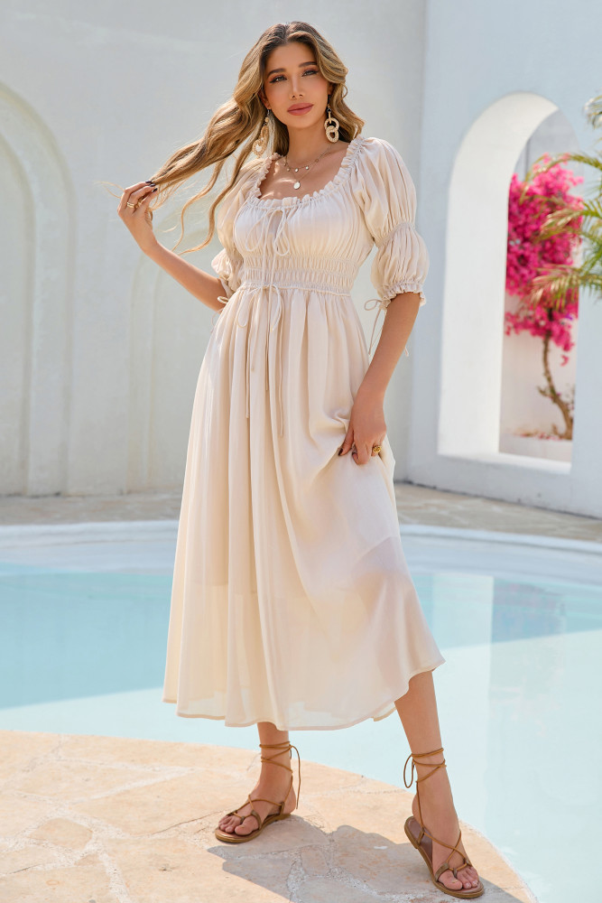 R.Vivimos Women's Summer Square Neck Midi Dress 2025 Casual Puff Half Sleeve Elastic Empire Waist Boho Flowy Long Dresses