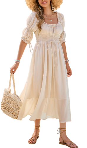 R.Vivimos Women's Summer Square Neck Midi Dress 2025 Casual Puff Half Sleeve Elastic Empire Waist Boho Flowy Long Dresses