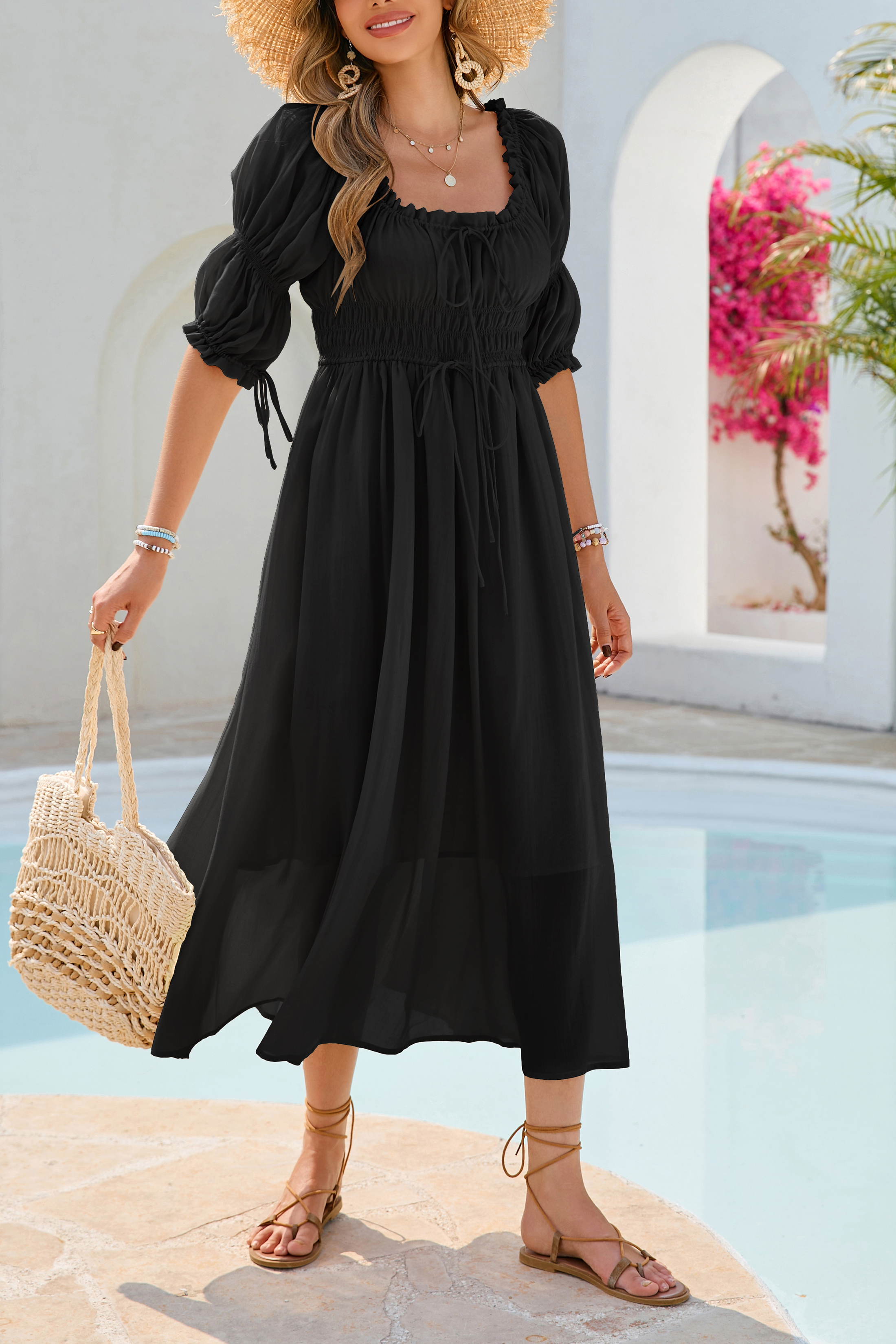R.Vivimos Women's Summer Square Neck Midi Dress 2025 Casual Puff Half Sleeve Elastic Empire Waist Boho Flowy Long Dresses2