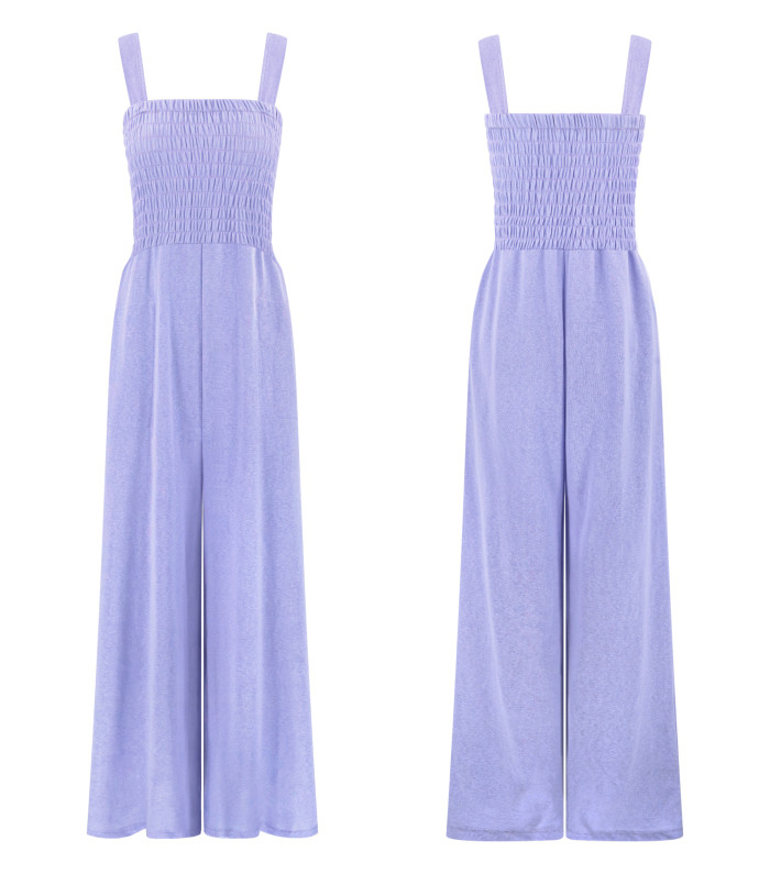 R.Vivimos Jumpsuits for Women Summer Cotton Sleeveless Smocked Casual One Piece Vacation Wide Leg Long Rompers with Pockets