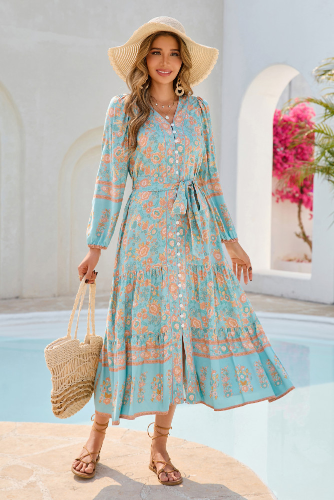 R.Vivimos Women's Long Sleeve Boho Midi Dress V Neck Floral Print Casual Button Down Loose Ruffle Beach Long Dress with Belt