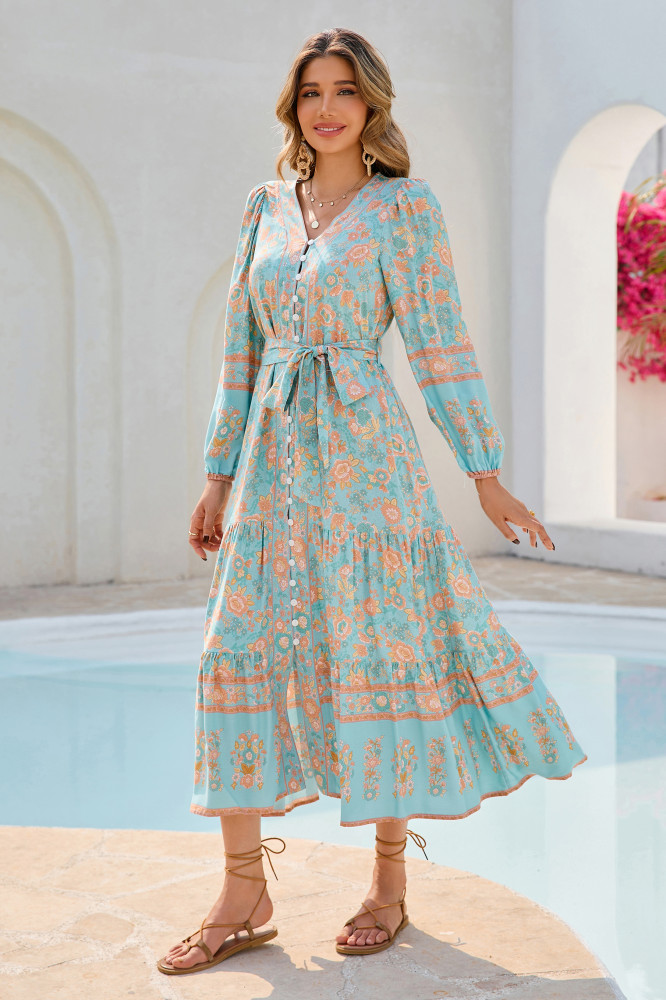 R.Vivimos Women's Long Sleeve Boho Midi Dress V Neck Floral Print Casual Button Down Loose Ruffle Beach Long Dress with Belt