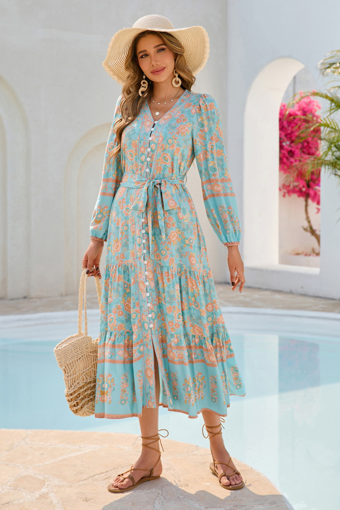 R.Vivimos Women's Long Sleeve Boho Midi Dress V Neck Floral Print Casual Button Down Loose Ruffle Beach Long Dress with Belt