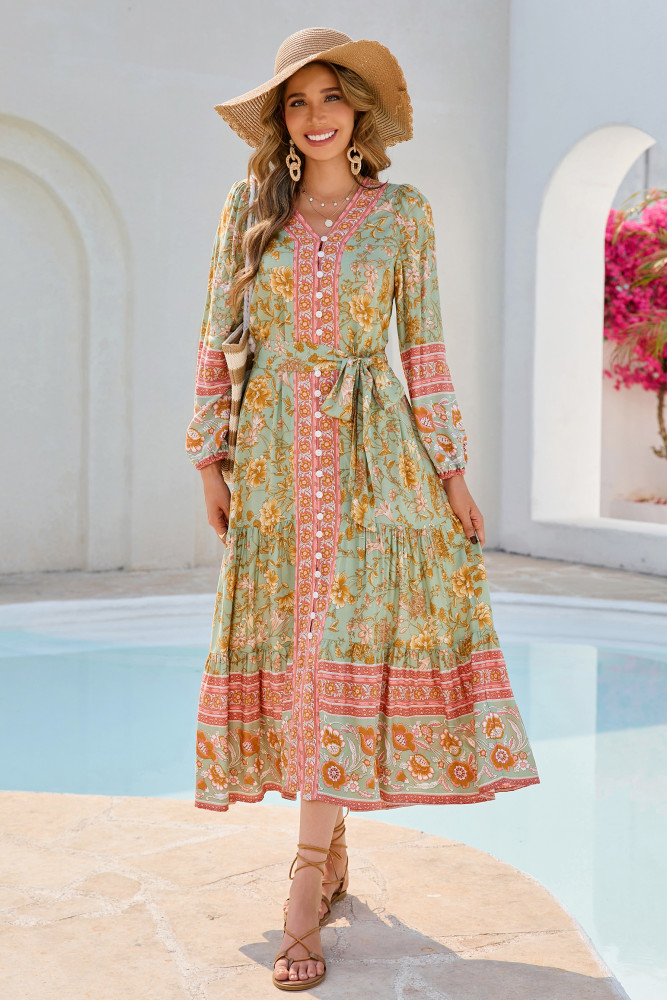 R.Vivimos Women's Long Sleeve Boho Midi Dress V Neck Floral Print Casual Button Down Loose Ruffle Beach Long Dress with Belt