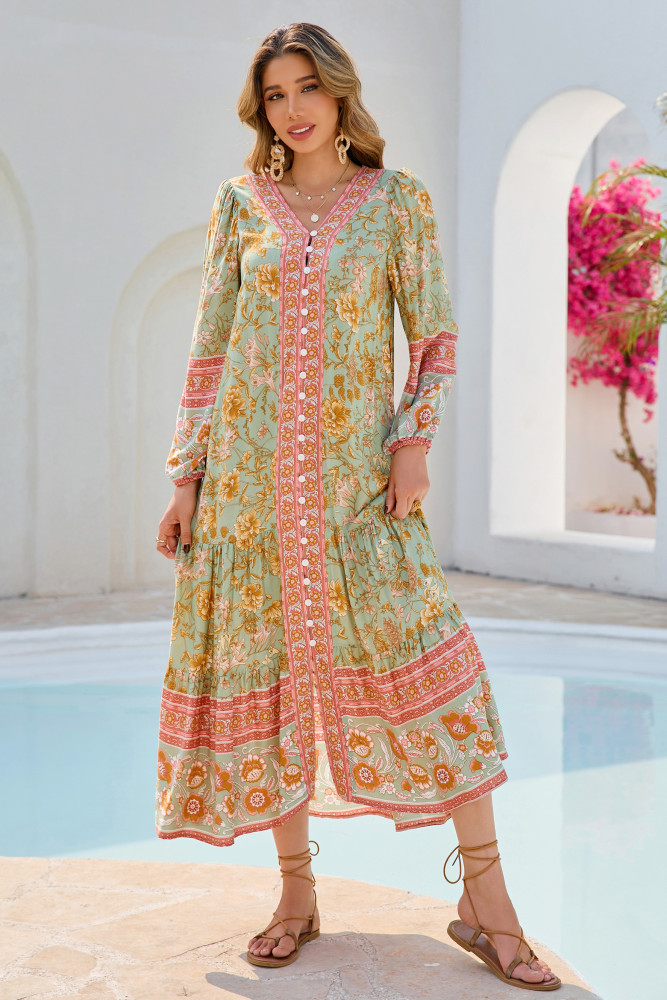 R.Vivimos Women's Long Sleeve Boho Midi Dress V Neck Floral Print Casual Button Down Loose Ruffle Beach Long Dress with Belt