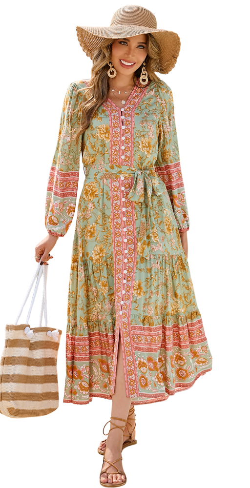 R.Vivimos Women's Long Sleeve Boho Midi Dress V Neck Floral Print Casual Button Down Loose Ruffle Beach Long Dress with Belt