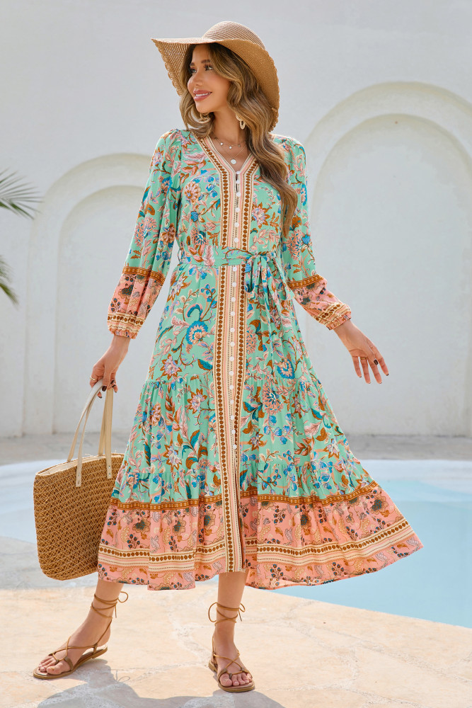 R.Vivimos Women's Long Sleeve Boho Midi Dress V Neck Floral Print Casual Button Down Loose Ruffle Beach Long Dress with Belt