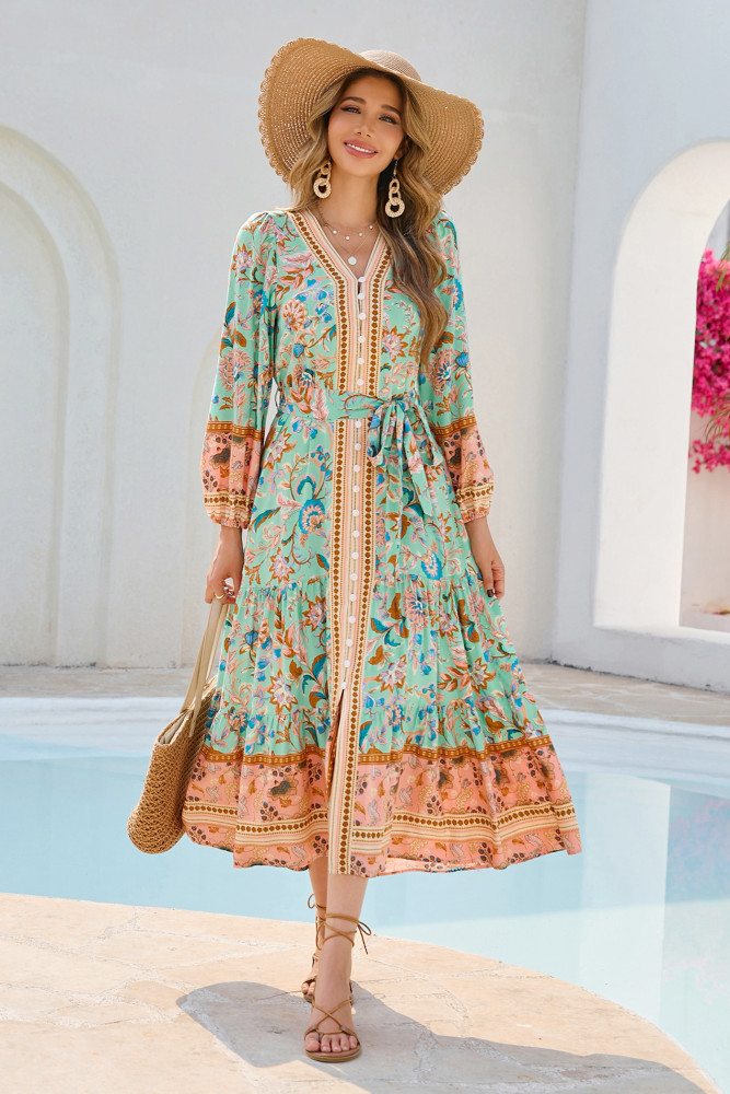 R.Vivimos Women's Long Sleeve Boho Midi Dress V Neck Floral Print Casual Button Down Loose Ruffle Beach Long Dress with Belt