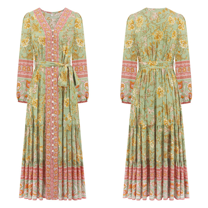R.Vivimos Women's Long Sleeve Boho Midi Dress V Neck Floral Print Casual Button Down Loose Ruffle Beach Long Dress with Belt