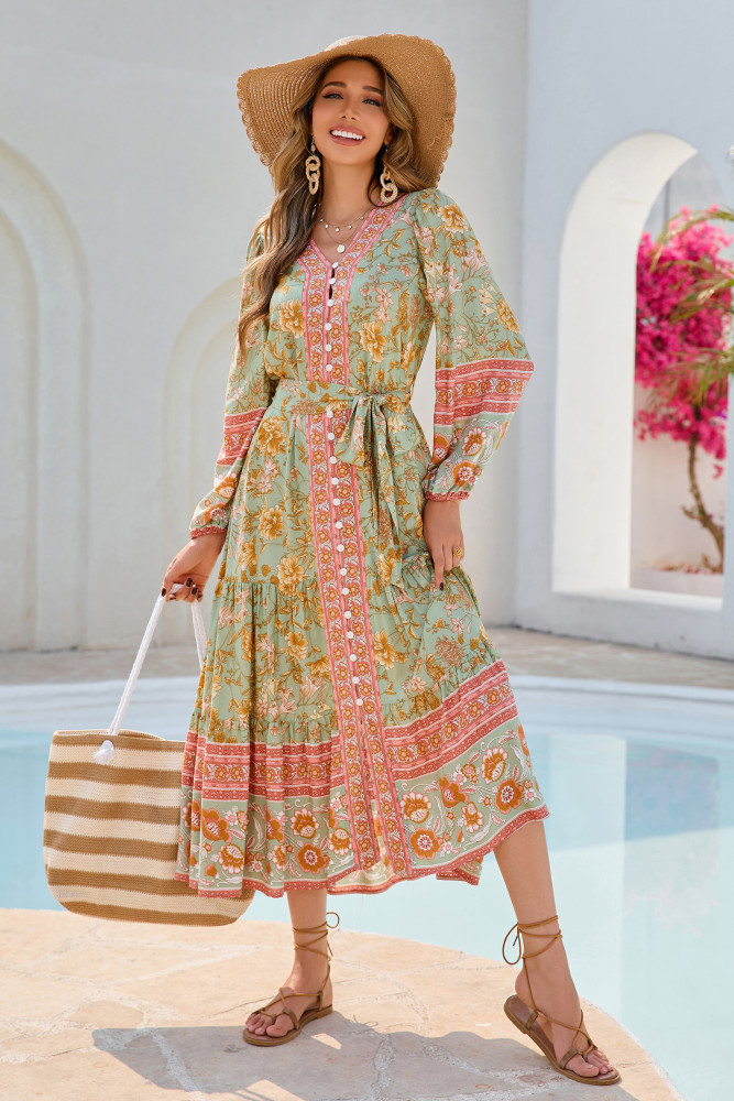 R.Vivimos Women's Long Sleeve Boho Midi Dress V Neck Floral Print Casual Button Down Loose Ruffle Beach Long Dress with Belt