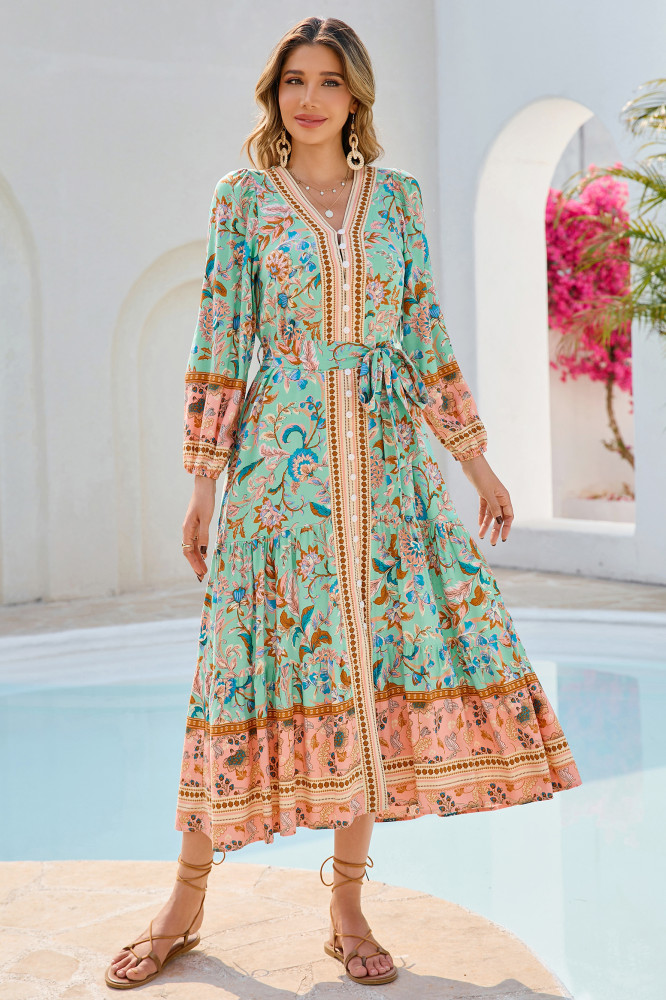 R.Vivimos Women's Long Sleeve Boho Midi Dress V Neck Floral Print Casual Button Down Loose Ruffle Beach Long Dress with Belt
