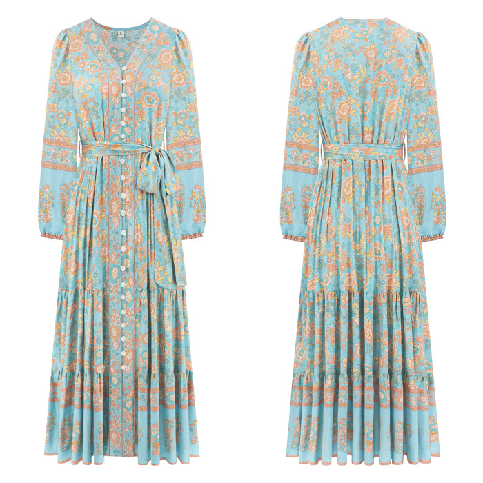 R.Vivimos Women's Long Sleeve Boho Midi Dress V Neck Floral Print Casual Button Down Loose Ruffle Beach Long Dress with Belt