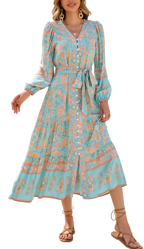 R.Vivimos Women's Long Sleeve Boho Midi Dress V Neck Floral Print Casual Button Down Loose Ruffle Beach Long Dress with Belt