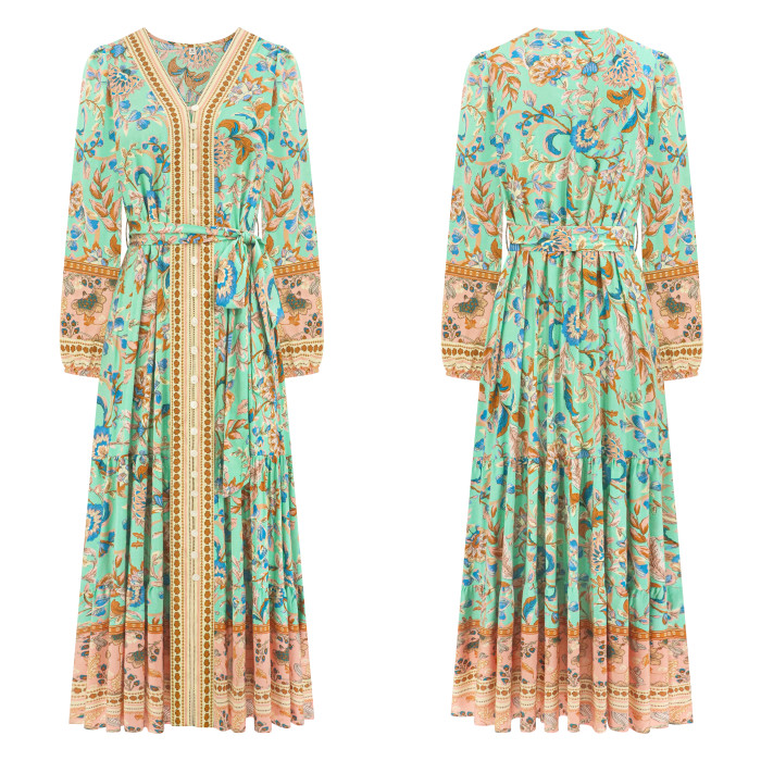 R.Vivimos Women's Long Sleeve Boho Midi Dress V Neck Floral Print Casual Button Down Loose Ruffle Beach Long Dress with Belt