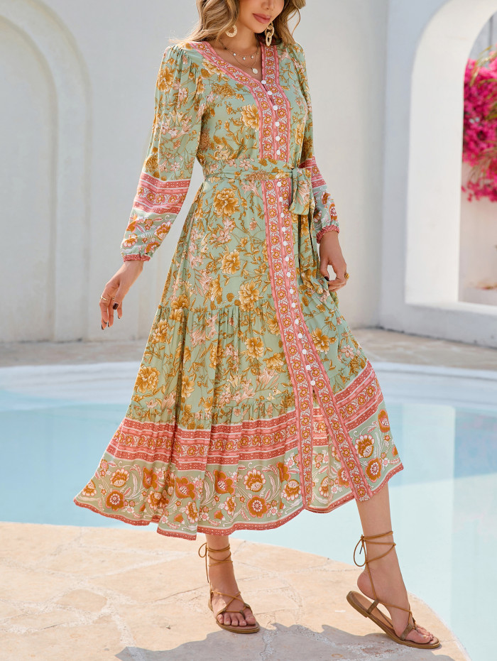 R.Vivimos Women's Long Sleeve Boho Midi Dress V Neck Floral Print Casual Button Down Loose Ruffle Beach Long Dress with Belt