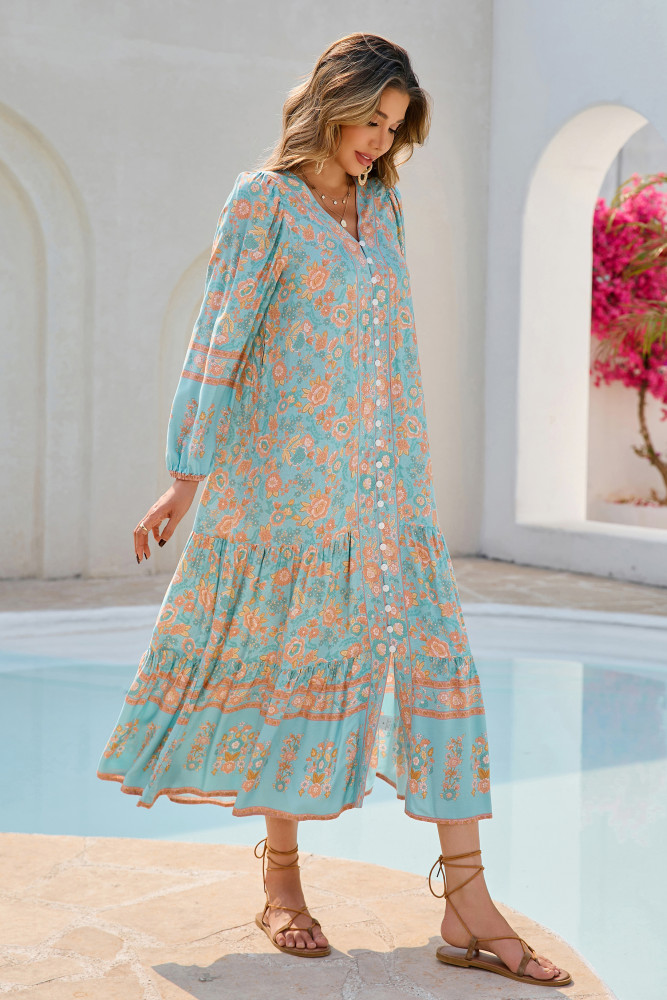 R.Vivimos Women's Long Sleeve Boho Midi Dress V Neck Floral Print Casual Button Down Loose Ruffle Beach Long Dress with Belt