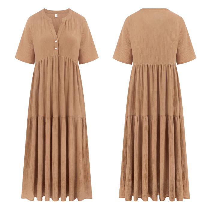 R.Vivimos Womens Summer Cotton Flowy Maxi Dress Short Sleeve V Neck Empire Waist Boho Tiered Ruffle Casual Loose Long Dresses