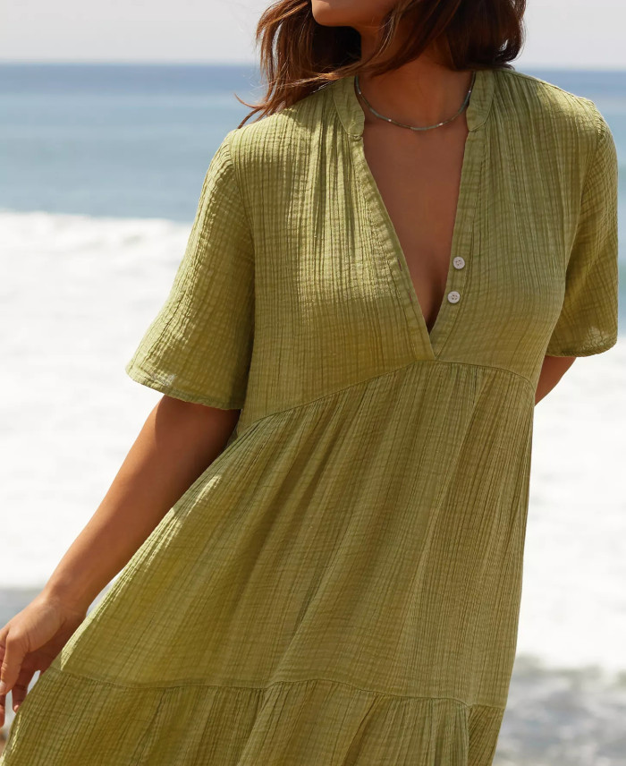 R.Vivimos Womens Summer Cotton Flowy Maxi Dress Short Sleeve V Neck Empire Waist Boho Tiered Ruffle Casual Loose Long Dresses