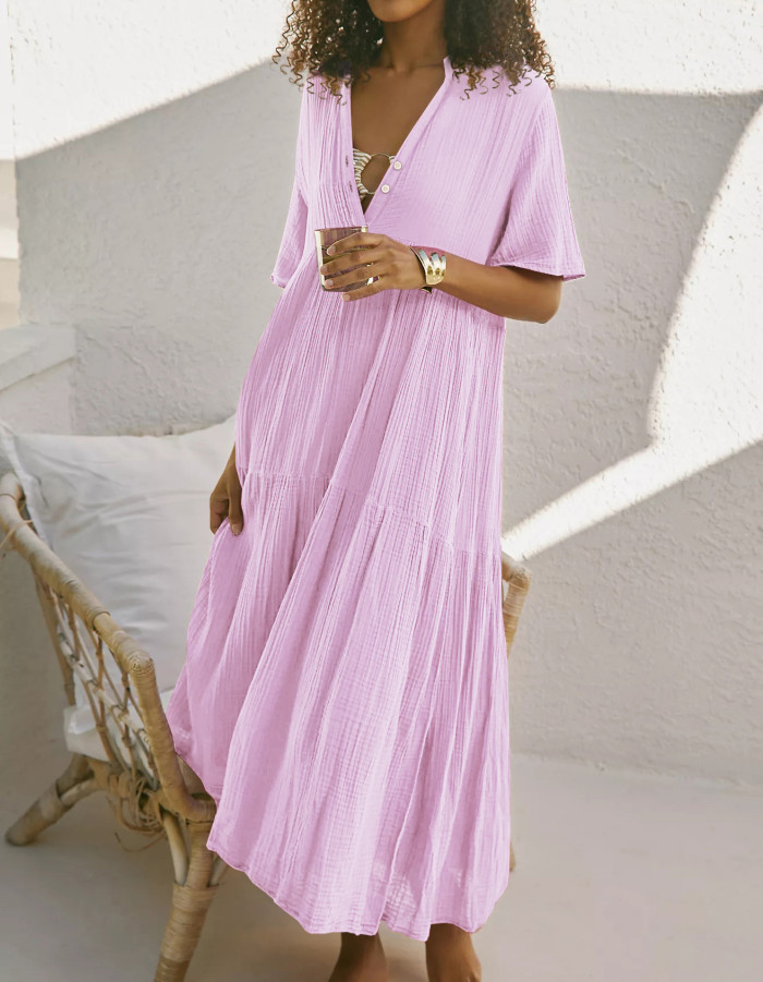 R.Vivimos Womens Summer Cotton Flowy Maxi Dress Short Sleeve V Neck Empire Waist Boho Tiered Ruffle Casual Loose Long Dresses