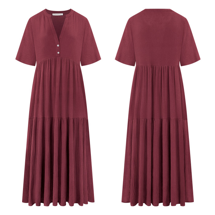 R.Vivimos Womens Summer Cotton Flowy Maxi Dress Short Sleeve V Neck Empire Waist Boho Tiered Ruffle Casual Loose Long Dresses
