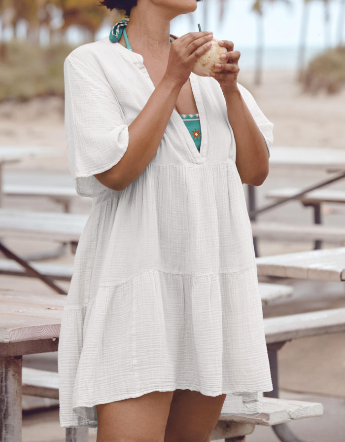 R.Vivimos Womens Summer Cotton Flowy Mini Dress V Neck Short Sleeve Boho Ruffle Tiered Casual Loose Tunic Dress