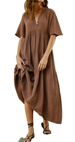 R.Vivimos Womens Summer Cotton Flowy Maxi Dress Short Sleeve V Neck Empire Waist Boho Tiered Ruffle Casual Loose Long Dresses