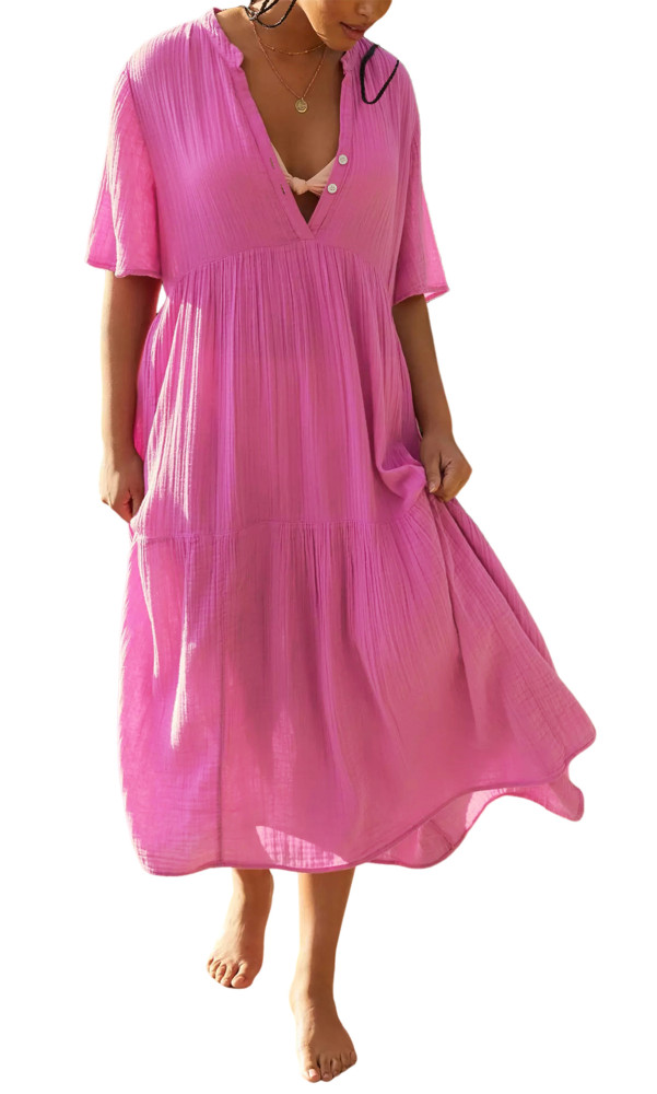 R.Vivimos Womens Summer Cotton Flowy Maxi Dress Short Sleeve V Neck Empire Waist Boho Tiered Ruffle Casual Loose Long Dresses