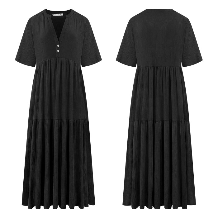 R.Vivimos Womens Summer Cotton Flowy Maxi Dress Short Sleeve V Neck Empire Waist Boho Tiered Ruffle Casual Loose Long Dresses